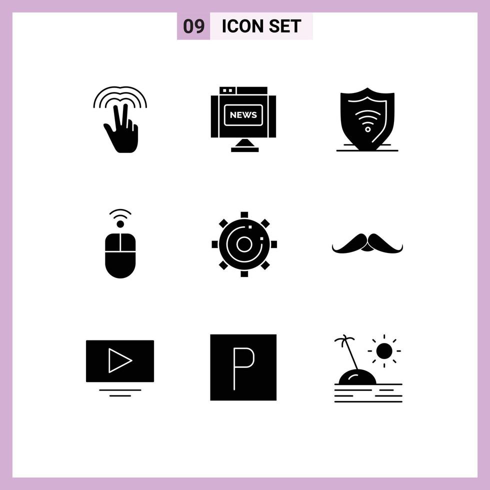 9 solides Glyphenpaket der Benutzeroberfläche mit modernen Zeichen und Symbolen für Medien, drahtloses Internet, Maus, Apfel, bearbeitbare Vektordesignelemente vektor