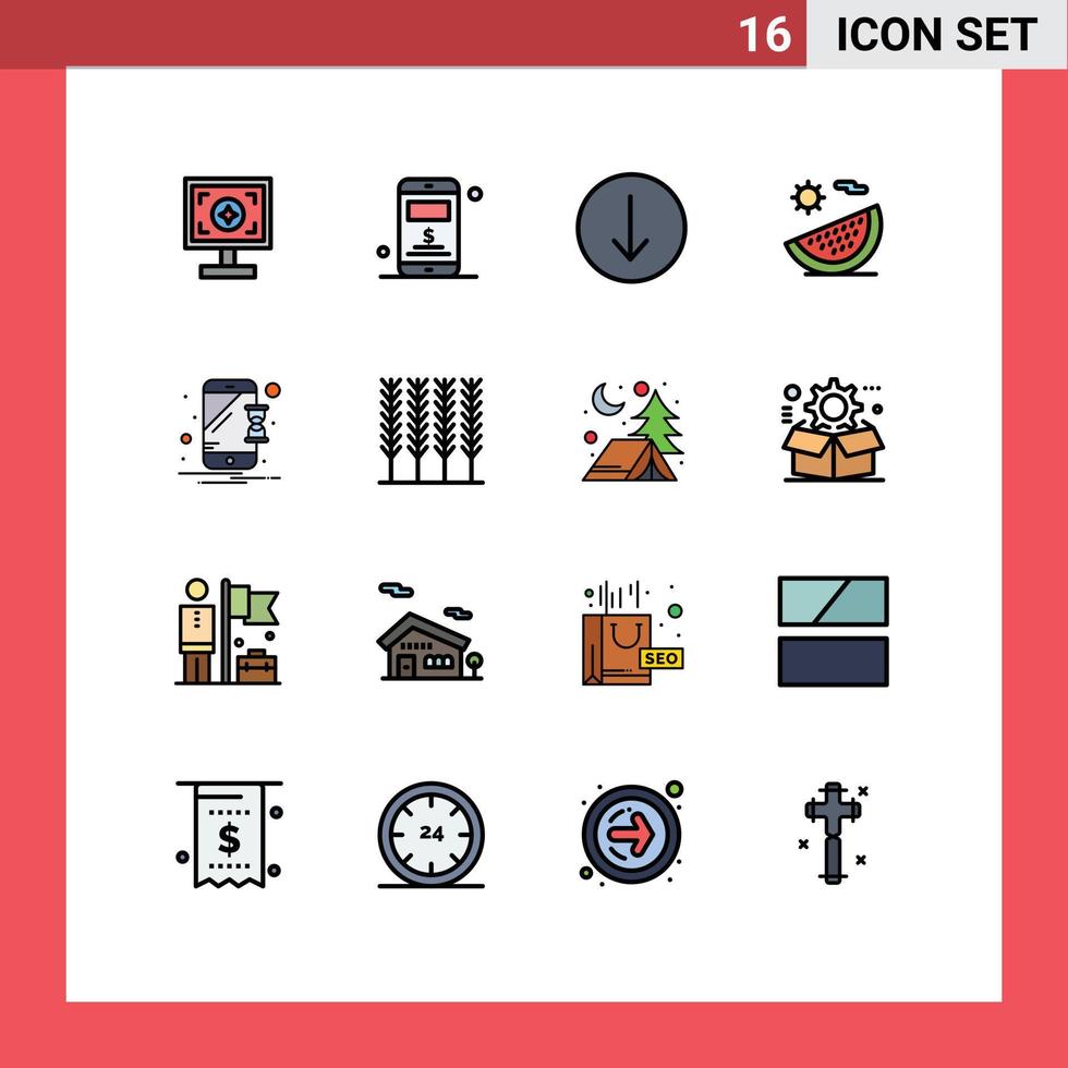 Gruppe von 16 flachen, farbgefüllten Linien Zeichen und Symbole für Mobilgeräte Symbol Urlaub Obst editierbare kreative Vektordesign-Elemente vektor