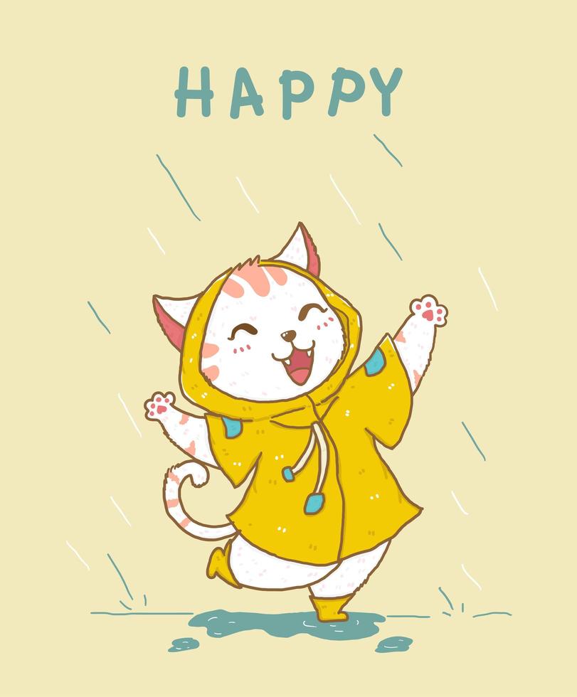 süße glückliche weiße Katze in einem gelben Regenmantel, der im Regen springt vektor