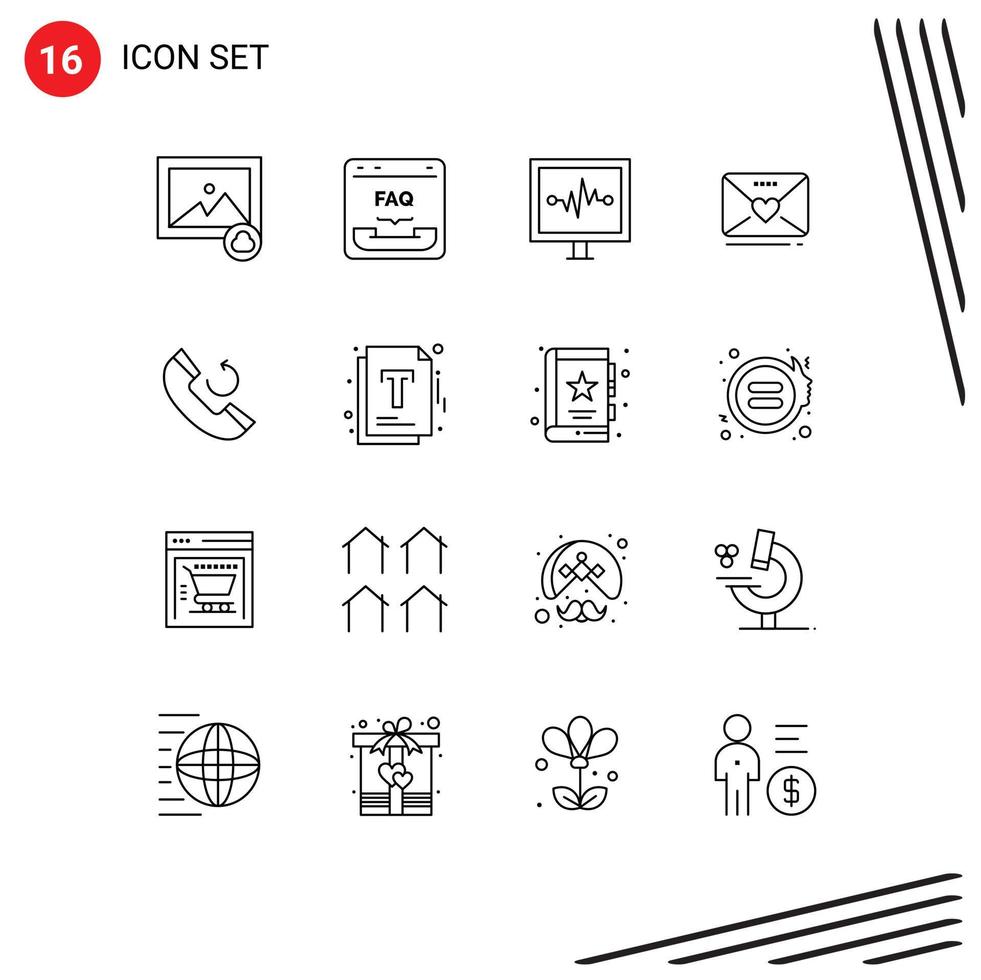 Stock Vector Icon Pack mit 16 Zeilen Zeichen und Symbolen für Telefon Herz Herzschlag weddind sms editierbare Vektordesign-Elemente