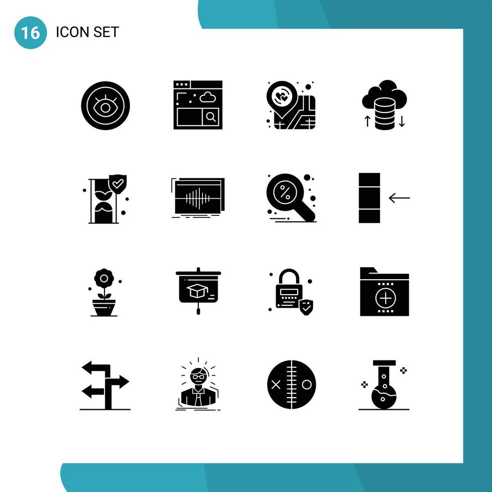 uppsättning av 16 modern ui ikoner symboler tecken för skydda försäkring kärlek tid glas moln nätverk redigerbar vektor design element