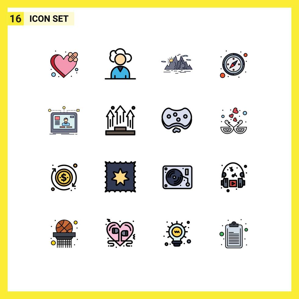 grupp av 16 platt Färg fylld rader tecken och symboler för användare gränssnitt kulle gps kompass redigerbar kreativ vektor design element