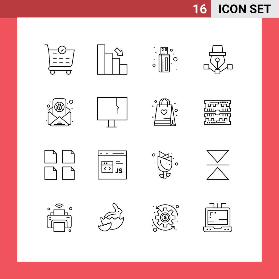 Stock-Vektor-Icon-Pack mit 16 Linienzeichen und Symbolen für E-Mail-Draw-Kabel-Design-Zeichnung editierbare Vektor-Design-Elemente vektor