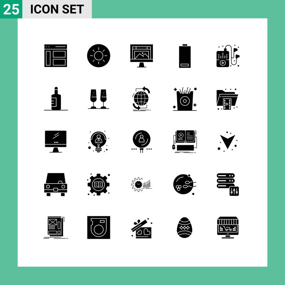 Gruppe von 25 soliden Glyphen Zeichen und Symbolen für Hobbys Energie Computer Elektrizität Batterie editierbare Vektordesign-Elemente vektor