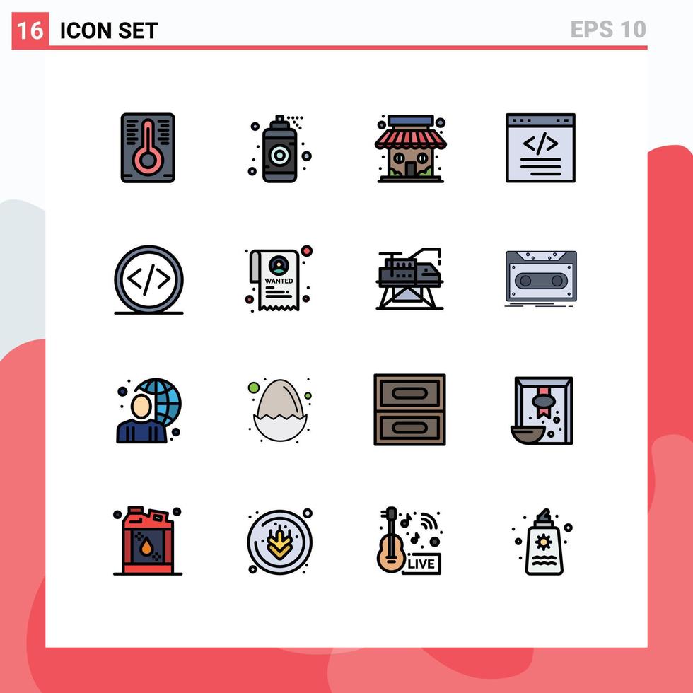 moderner Satz von 16 flachen, farbgefüllten Linien und Symbolen wie Entwicklungscode Shop-Schnittstellencodierung editierbare kreative Vektordesign-Elemente vektor