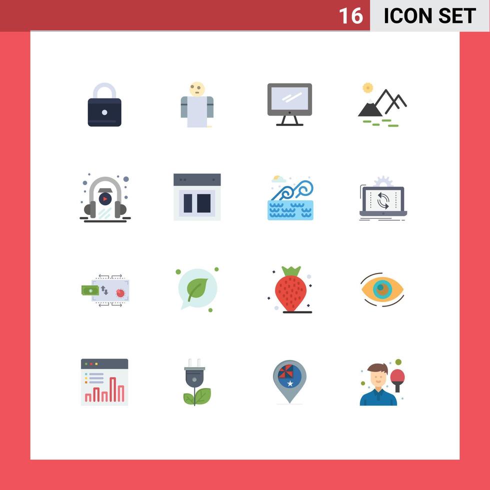16 flaches Farbkonzept für Websites, Handys und Apps, Kopfhörer-Landwirtschaftsmonitor, Sonnenumgebung, editierbares Paket kreativer Vektordesign-Elemente vektor