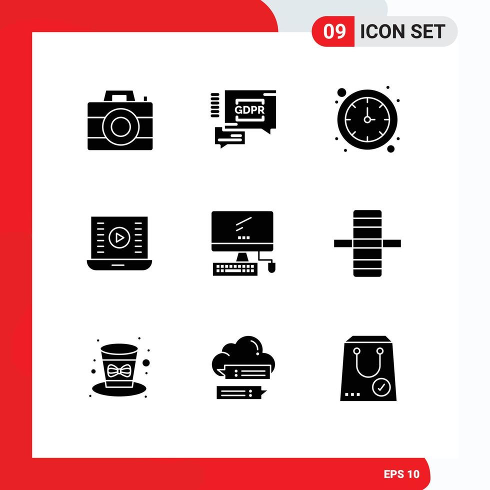 Stock Vektor Icon Pack mit 9 Zeilenzeichen und Symbolen für Gerät Computerzeit Uhr Video Play Button editierbare Vektordesign-Elemente