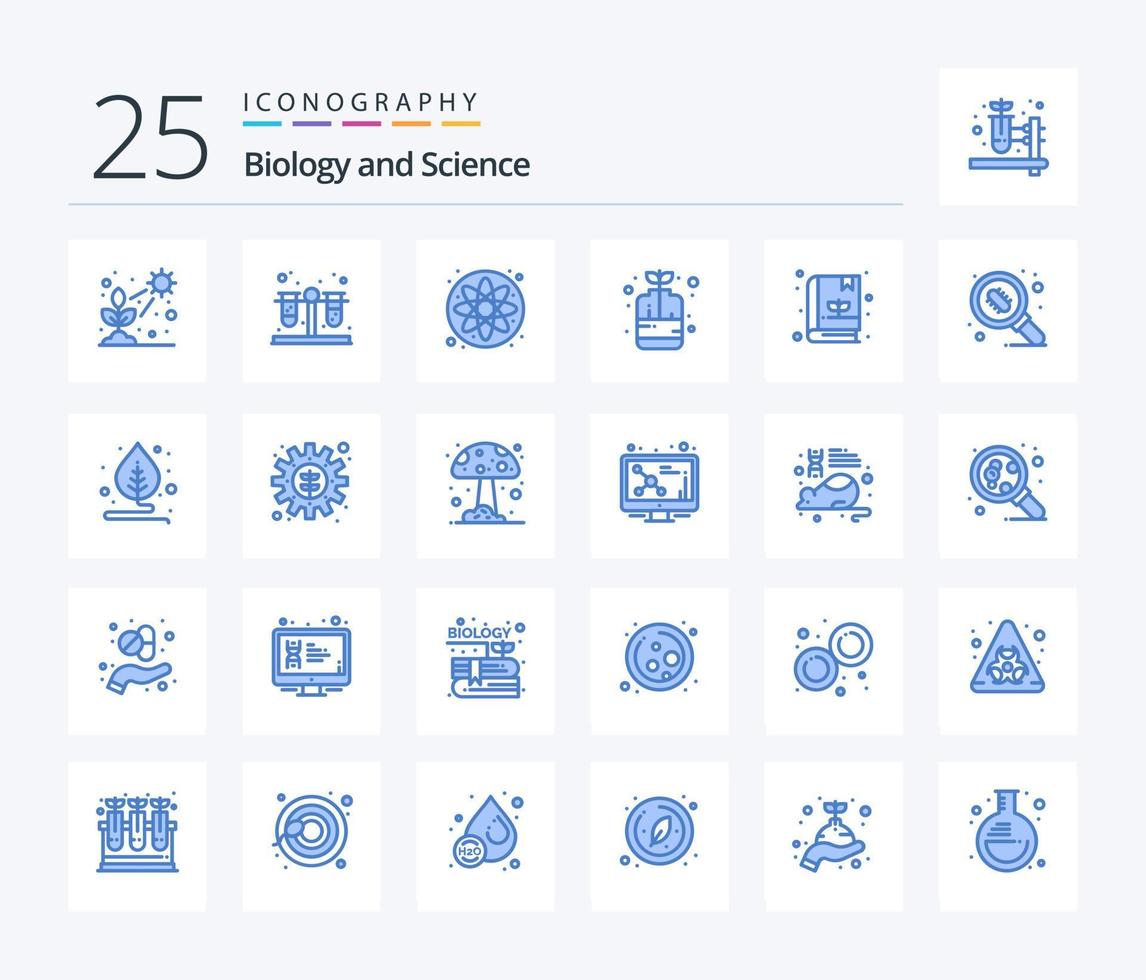 biologi 25 blå Färg ikon packa Inklusive växt. bok. atom. tillväxt. dekorativ vektor