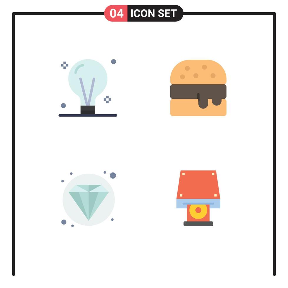 Stock Vector Icon Pack mit 4 Zeilenzeichen und Symbolen für Glühbirnendiamant elektrische Lebensmittel-CD-ROM editierbare Vektordesign-Elemente