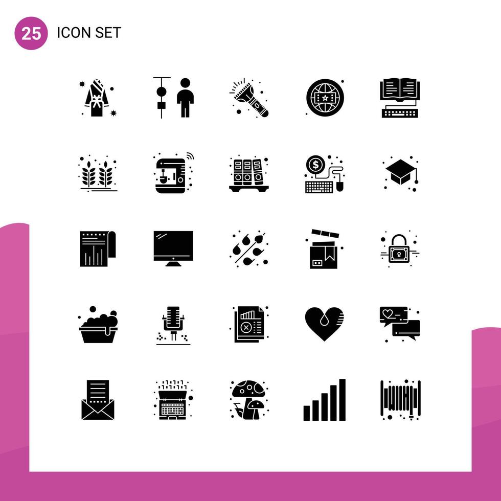 fast glyf packa av 25 universell symboler av bok global företags- förvaltning branding ficklampa redigerbar vektor design element