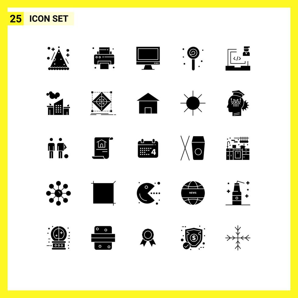 Gruppe von 25 modernen soliden Glyphen, die für die Entwicklung von süßen Monitor-Lollipop-Konfekten editierbaren Vektordesign-Elementen festgelegt wurden vektor