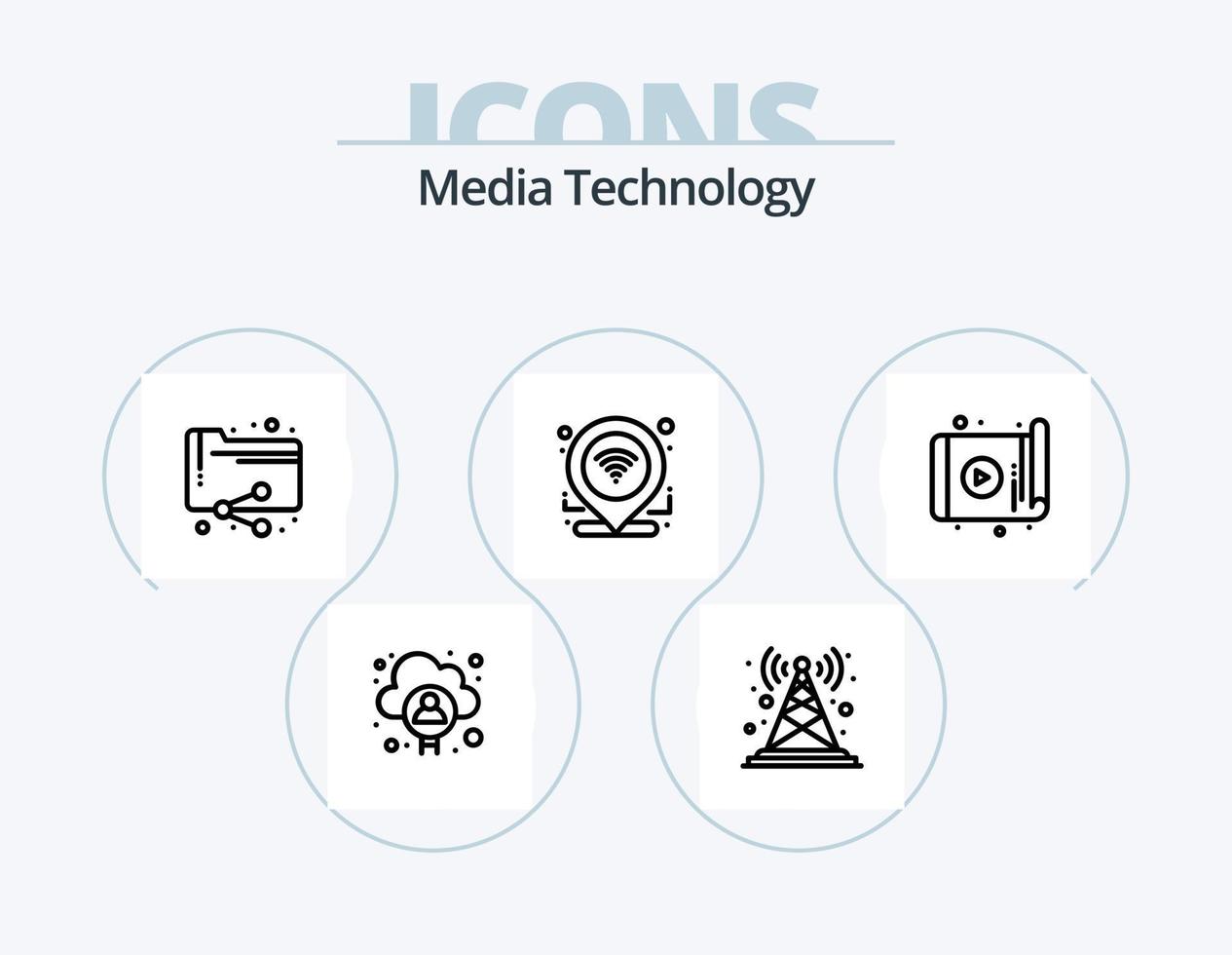 Media Technology Line Icon Pack 5 Icon-Design. Verbindung. Netzwerk. Funkantenne. verteilen. Video vektor