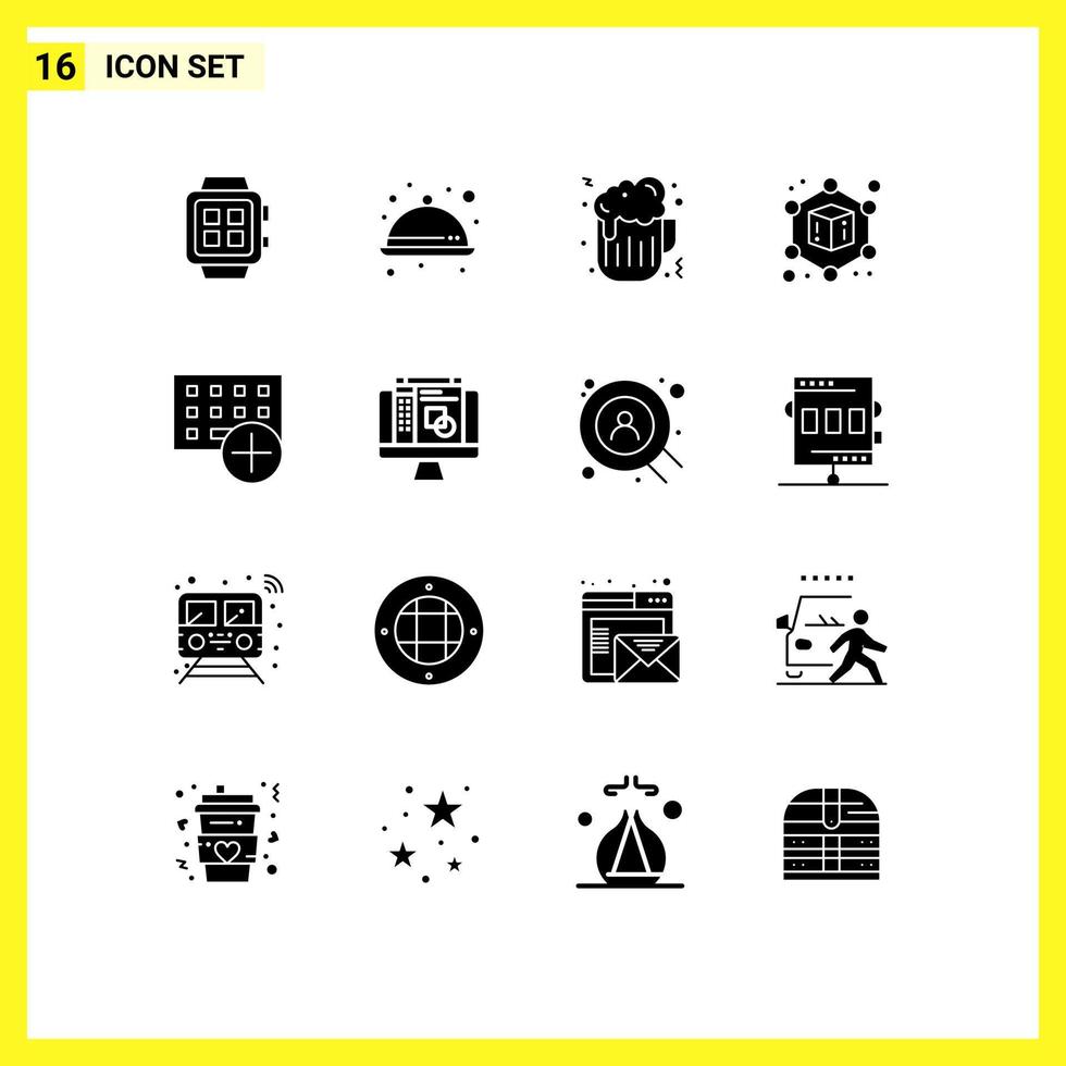 uppsättning av 16 vektor fast glyfer på rutnät för grej datorer gods Lägg till kub redigerbar vektor design element