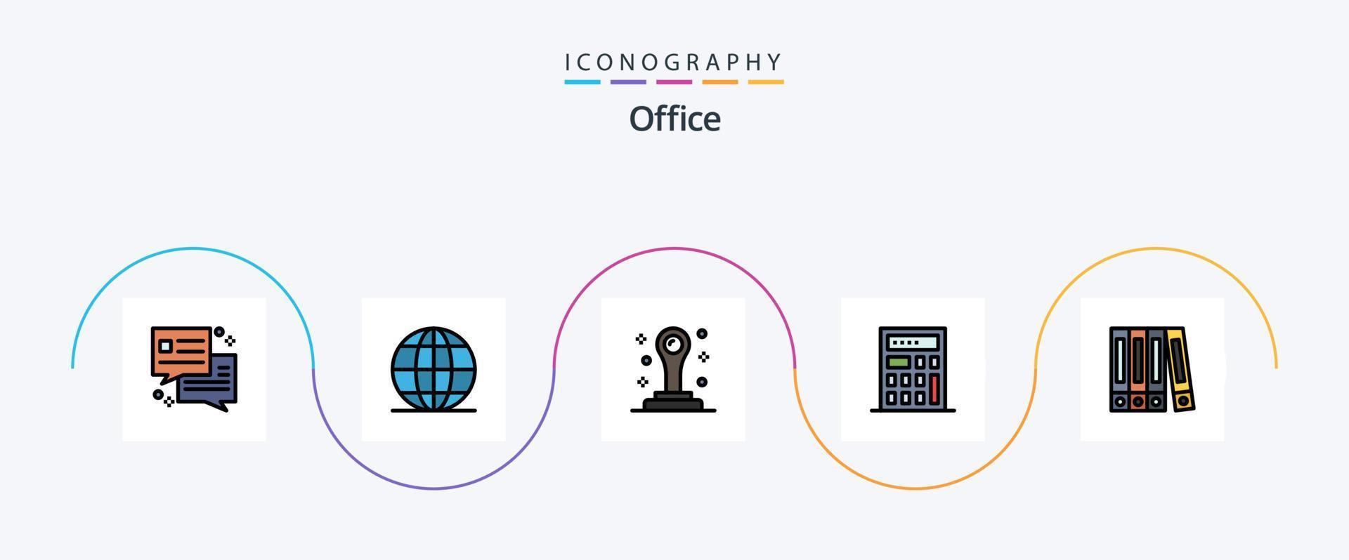 kontor linje fylld platt 5 ikon packa Inklusive . stämpel. mapp vektor