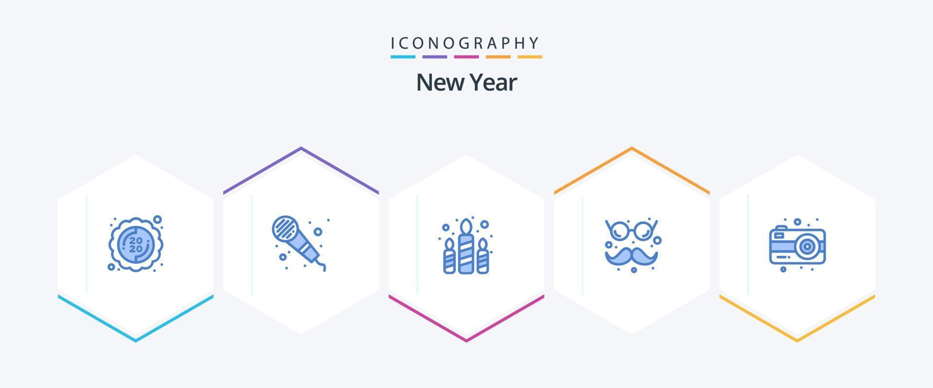 ny år 25 blå ikon packa Inklusive fotografi. kamera. brand. glasögon och mustascher. rolig vektor