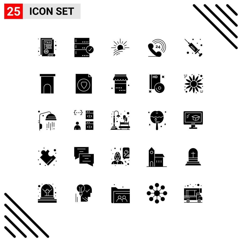 Piktogrammsatz von 25 einfachen soliden Glyphen von Medizininjektionshelligkeit klingelndes Telefon editierbare Vektordesign-Elemente vektor