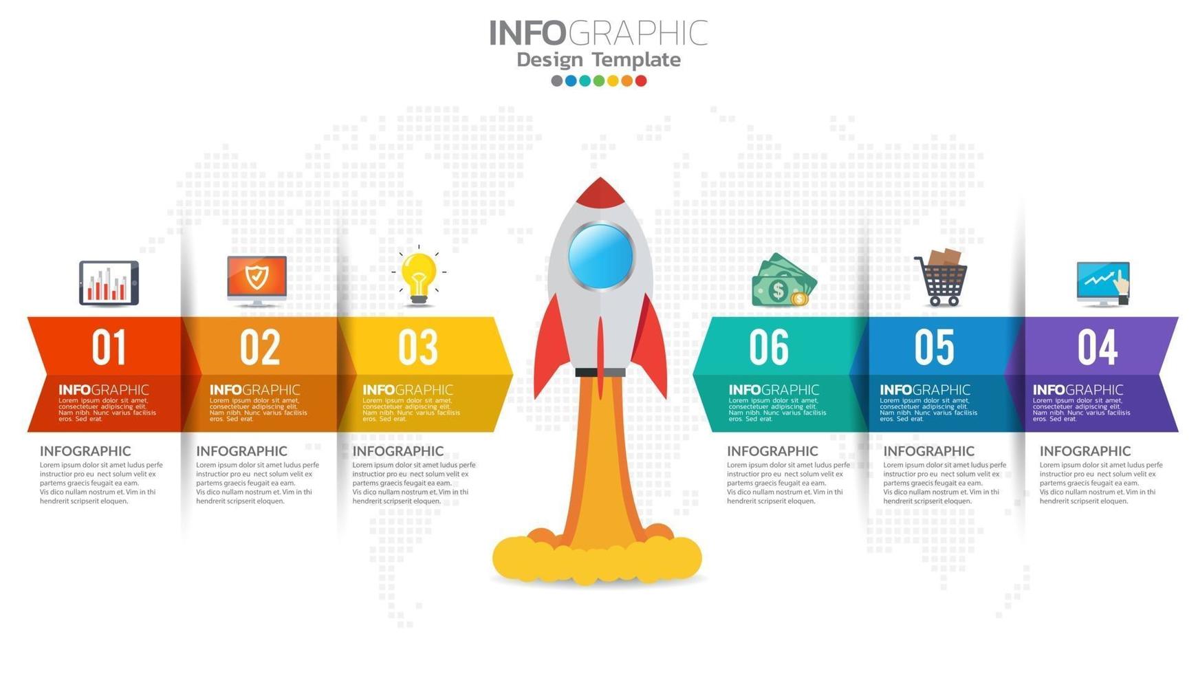 6 Schritte Start-Infografiken mit Raketenstart. Geschäfts- und Finanzkonzept. vektor