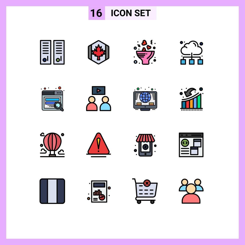 piktogram uppsättning av 16 enkel platt Färg fylld rader av internet nätverk blad moln kärlek redigerbar kreativ vektor design element