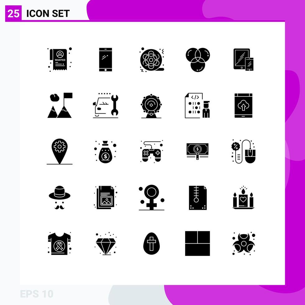 mobil gränssnitt fast glyf uppsättning av 25 piktogram av programmering design filma Färg multimedia redigerbar vektor design element