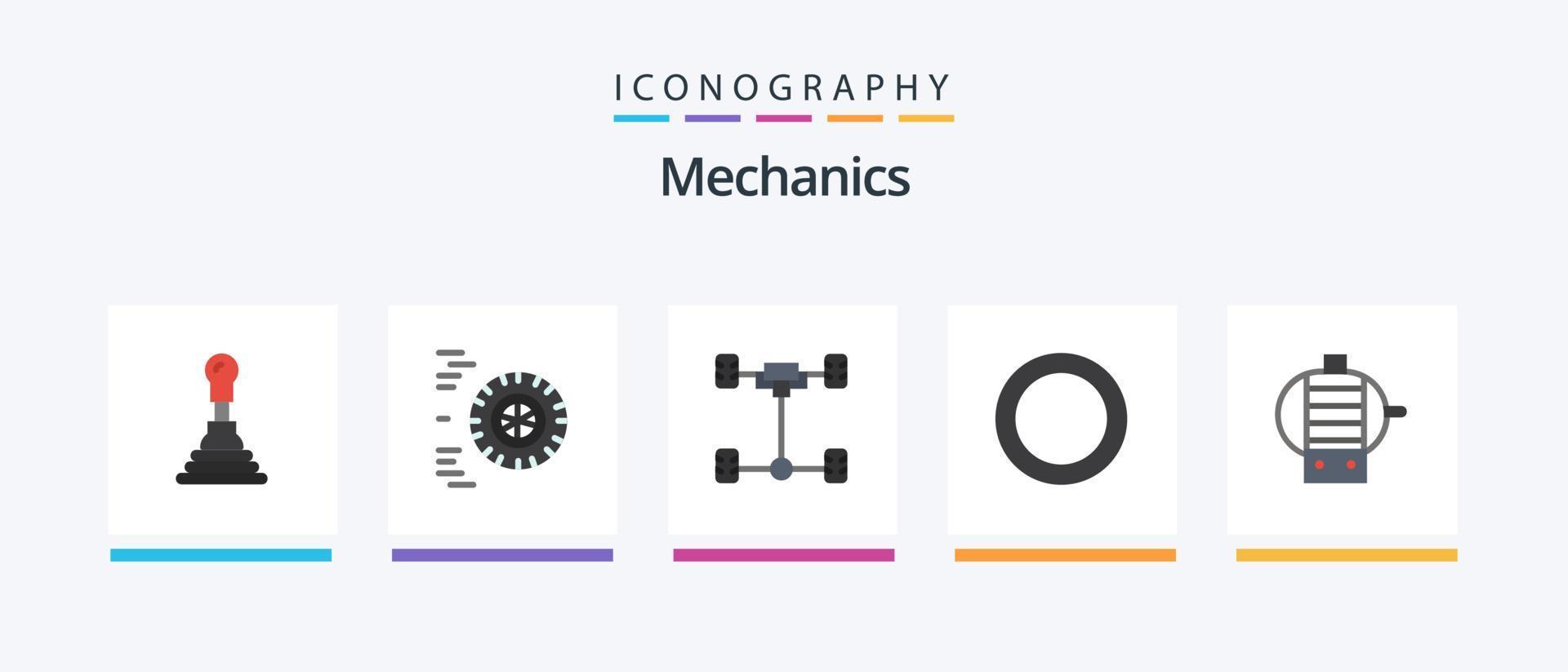 Mechanik Flat 5 Icon Pack inklusive . Chassis. Motor. Scheibe. kreatives Symboldesign vektor