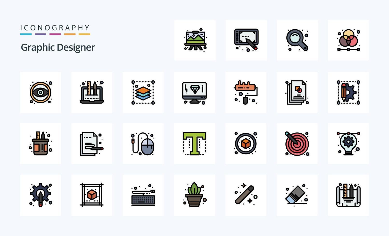 25 Grafikdesigner-Linien gefüllter Stil-Icon-Pack vektor