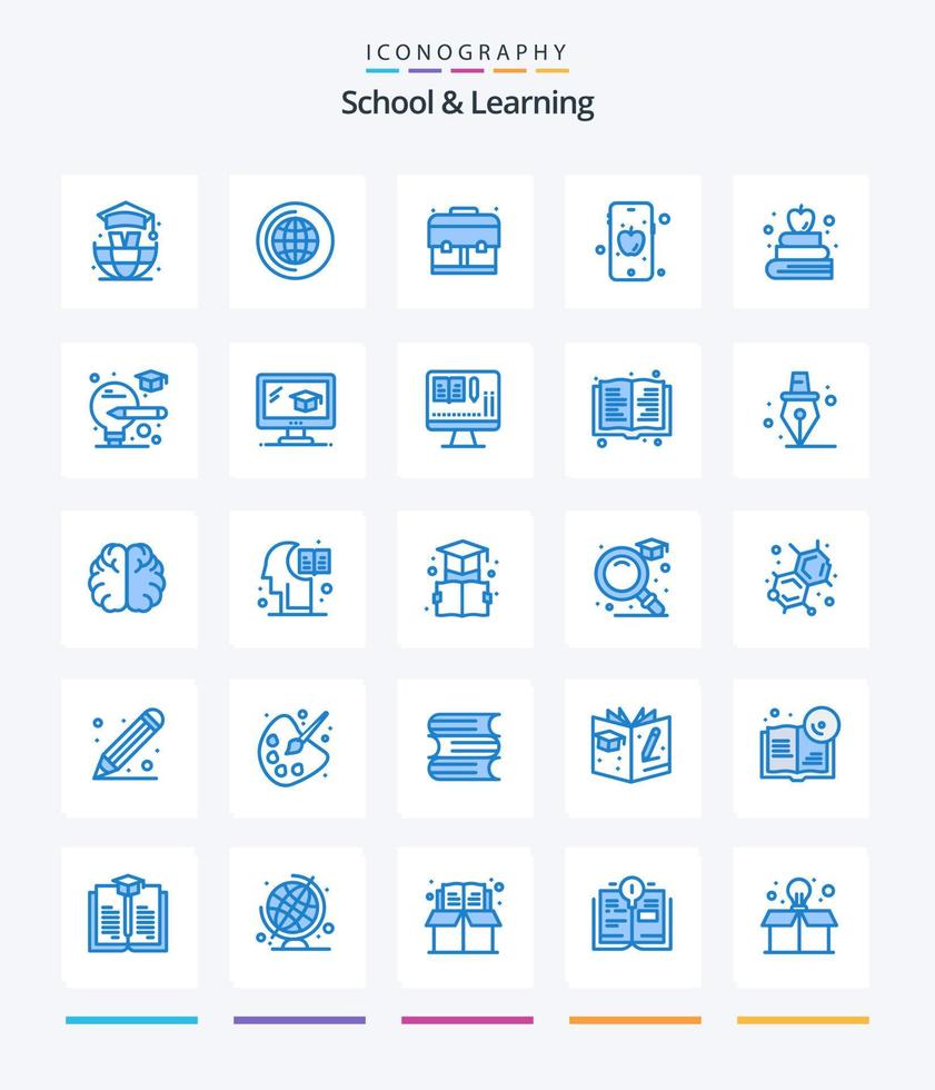 kreativ skola och inlärning 25 blå ikon packa sådan som examen. Glödlampa. skola. utbildning. äpple vektor