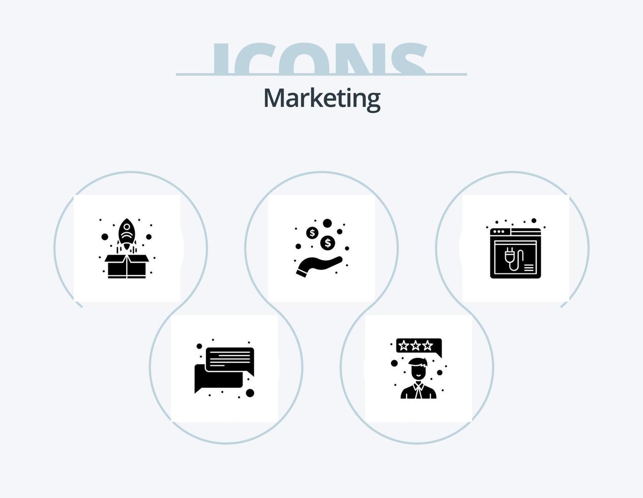 Marketing-Glyphen-Icon-Pack 5 Icon-Design. Plugin. Browser. Start. Münzen. Einkommen vektor