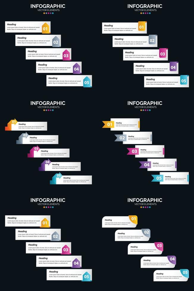 Vektor 6 Infografiken Pack Präsentationsfolie Vorlage 5 Schritte Zyklusdiagramme und Zeitleisten