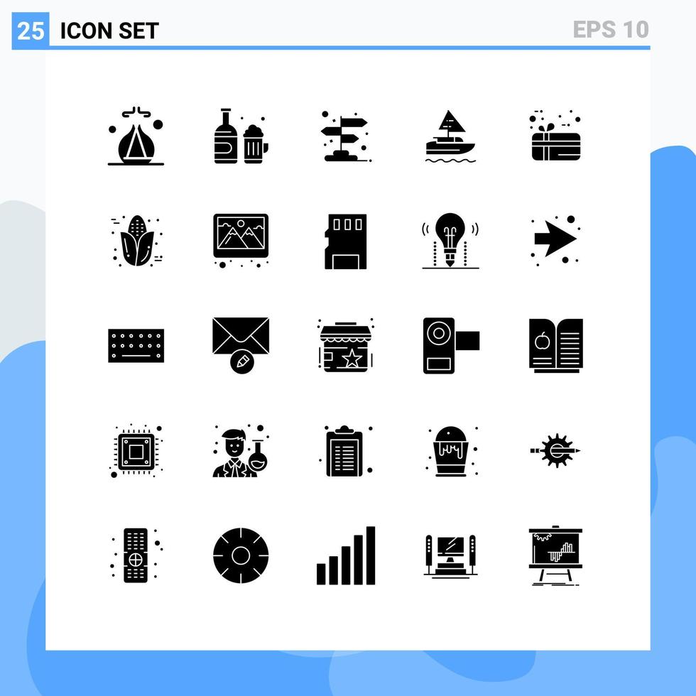 uppsättning av 25 vektor fast glyfer på rutnät för närvarande gåva vägbeskrivning Land fartyg redigerbar vektor design element