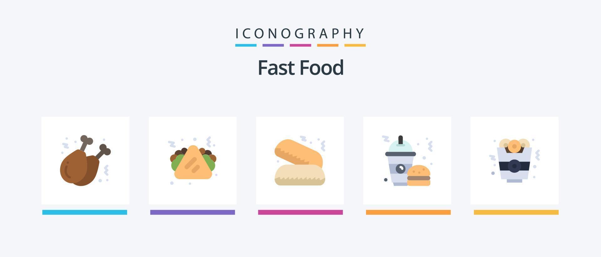snabb mat platt 5 ikon packa Inklusive mat. lök ringa. snabb mat. frappe. mat. kreativ ikoner design vektor