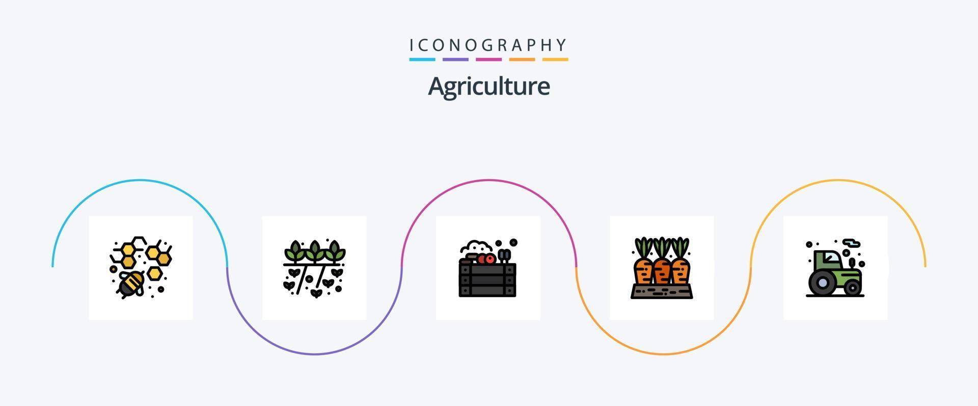 Landwirtschaftslinie gefülltes flaches 5-Icon-Paket einschließlich Agrimotor. Gemüse. Äpfel. Essen. Karotte vektor