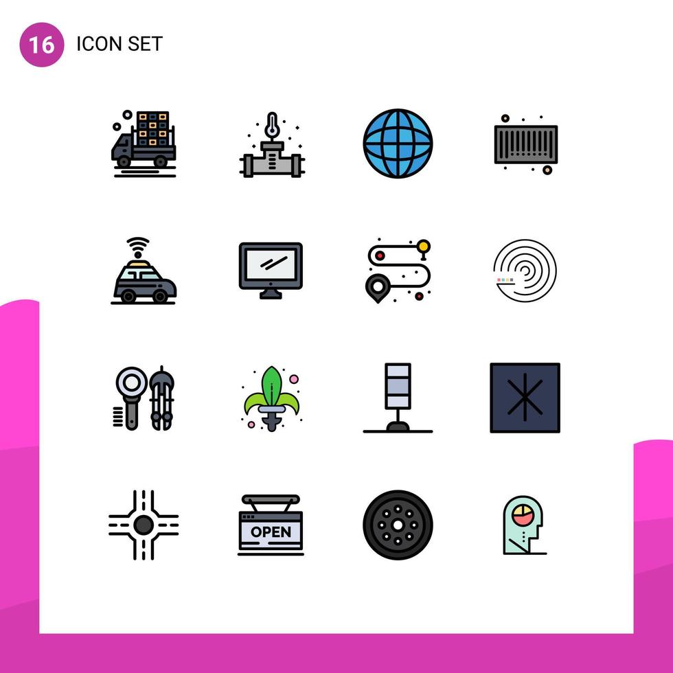 Flache, farbgefüllte Linienpackung mit 16 universellen Symbolen der Kartenauto-Internet-Codeleiste, editierbare kreative Vektordesign-Elemente vektor