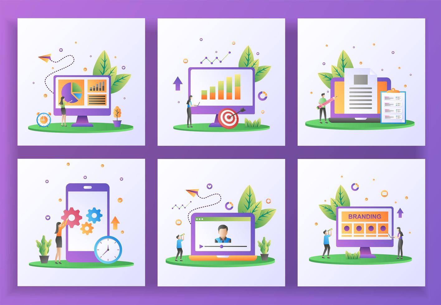 Satz von flachen Design-Konzept. Datenverwaltung, Berichterstattung über Verkäufe, Erstellung von Inhalten, Aktualisierung der mobilen App vektor