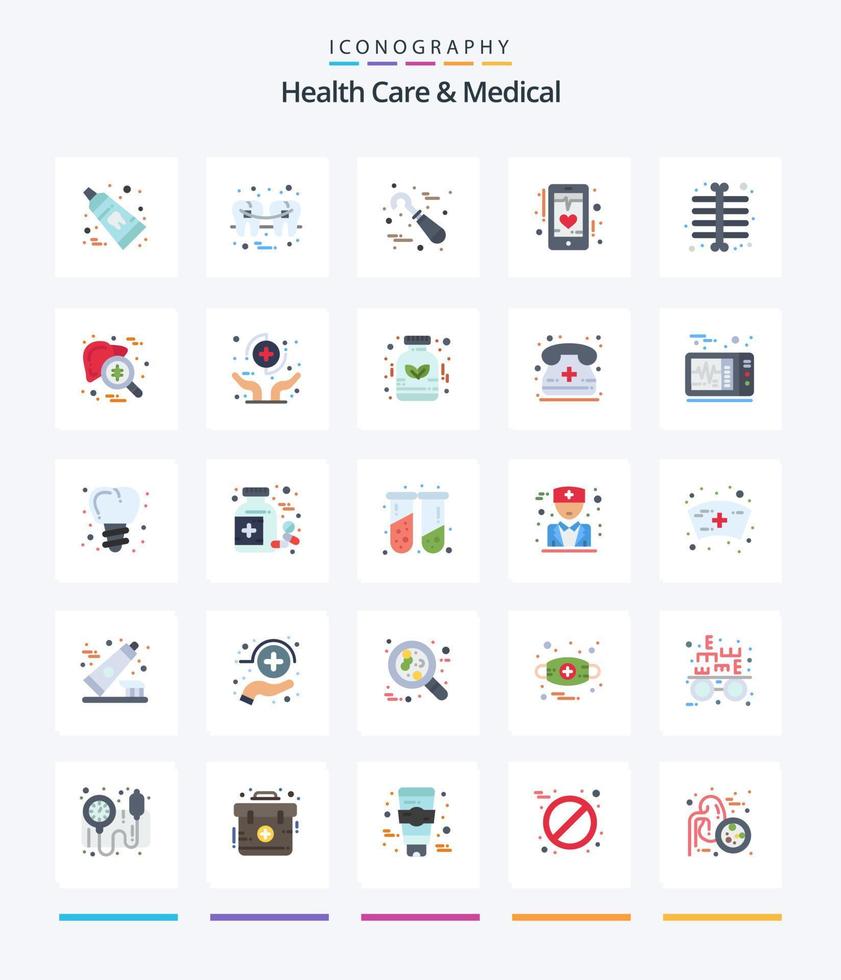 kreatives Gesundheitswesen und medizinisches 25-Flat-Icon-Pack wie Telefon. Herz. Kabel. EKG. Werkzeug vektor