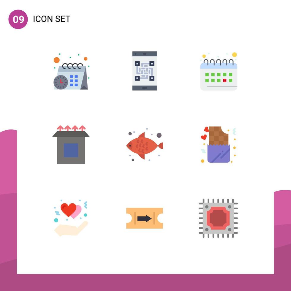 Stock Vector Icon Pack mit 9 Zeilenzeichen und Symbolen für Wasserfisch-Kalender-Setup-Box editierbare Vektordesign-Elemente