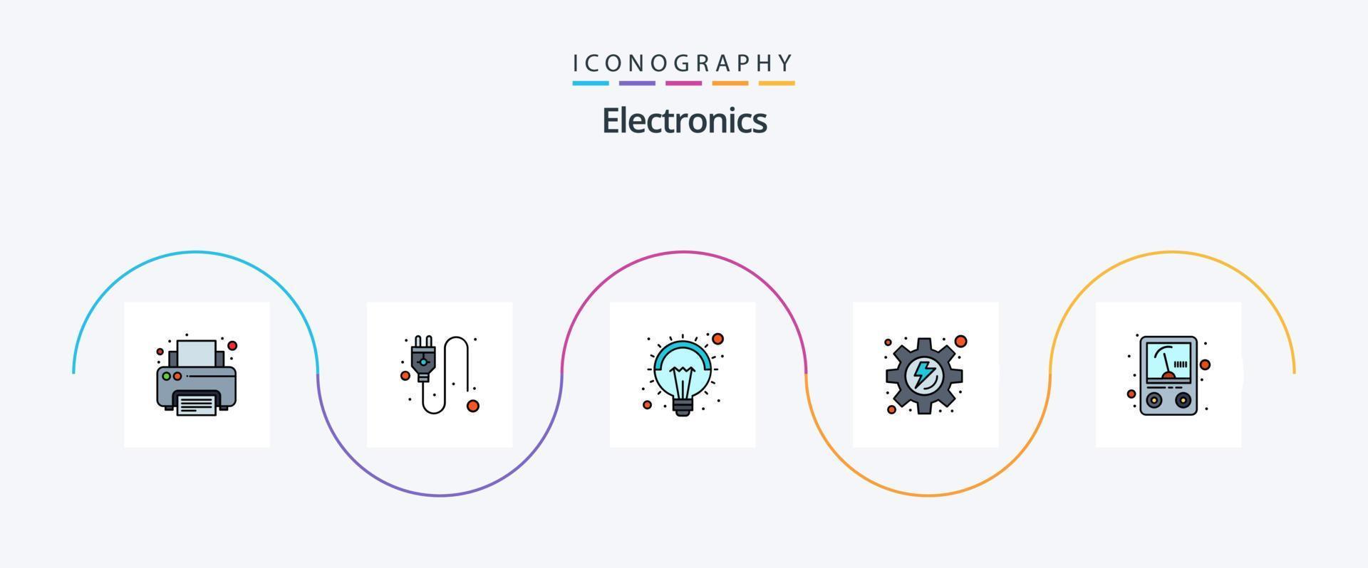 Elektroniklinie gefülltes flaches 5-Icon-Paket einschließlich . Meter. Idee. Ampere. Gang vektor