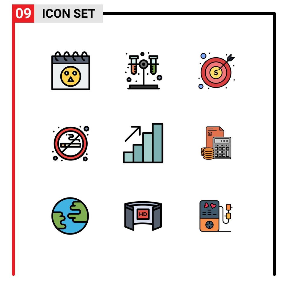Piktogrammsatz aus 9 einfachen, gefüllten, flachen Farben von Wachstumsanalysen, Bargeld, Luftzeichen, editierbare Vektordesign-Elemente vektor
