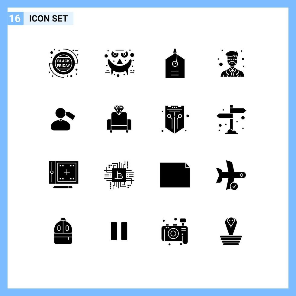 Gruppe von 16 soliden Glyphen Zeichen und Symbolen für Mähne Tag Preis Lehrer Master editierbare Vektordesign-Elemente vektor