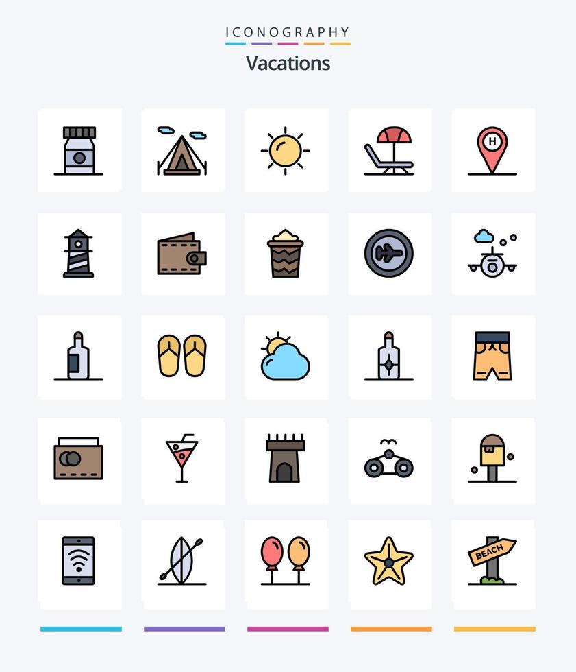 kreative Ferien 25 Zeilen gefülltes Icon Pack wie Leuchtturm. Standort. Sonne. reisen. Strand vektor