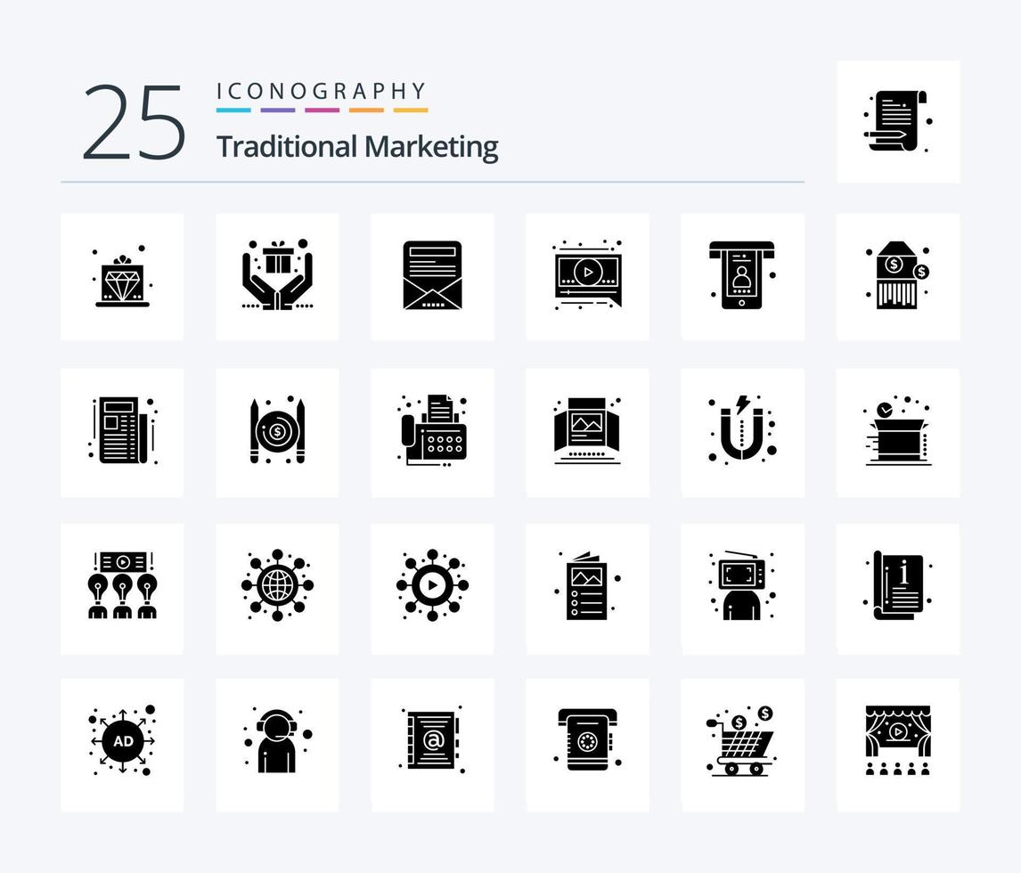 traditionell marknadsföring 25 fast glyf ikon packa Inklusive streckkod. telefon. e-post nyhetsbrev. samtal. video vektor
