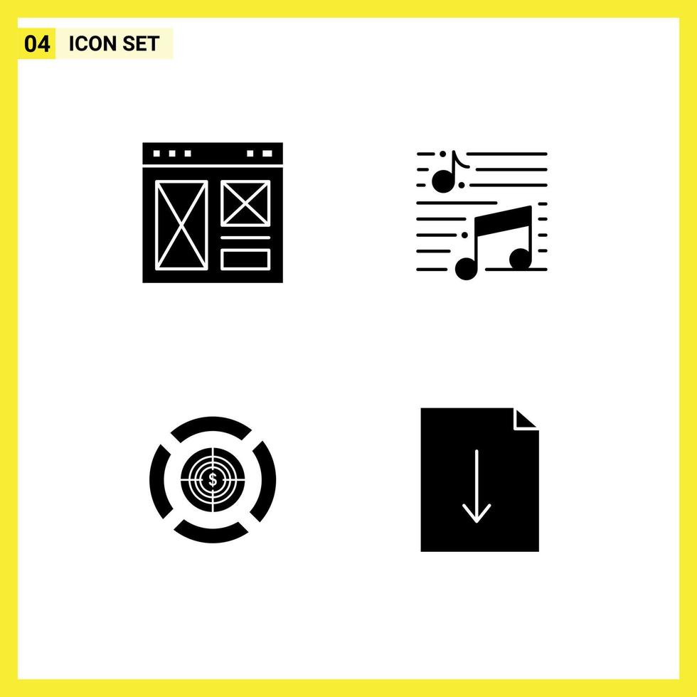 Piktogrammsatz aus 4 einfachen soliden Glyphen der Browser-Soundseite Musikfokus editierbare Vektordesign-Elemente vektor