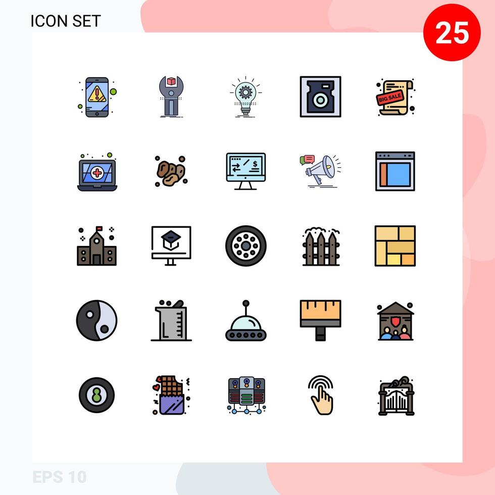 Gruppe von 25 modernen, gefüllten Linien-Flachfarben, die für editierbare Vektordesign-Elemente der großen Verkaufslaufwerk-Programmierdisk-Innovation festgelegt werden vektor
