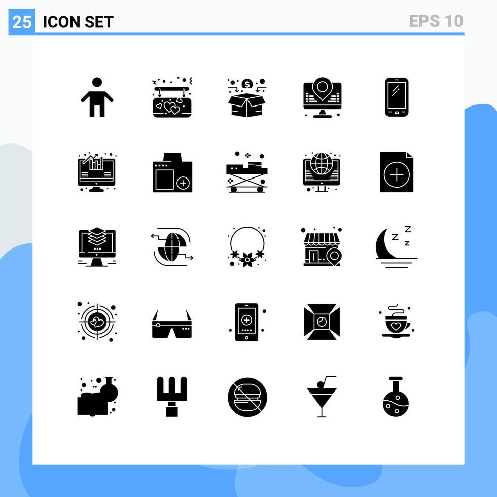 moderner Satz von 25 soliden Glyphen und Symbolen wie Smartphone-Karte zur Finanzierung der Standortentwicklung editierbare Vektordesign-Elemente vektor