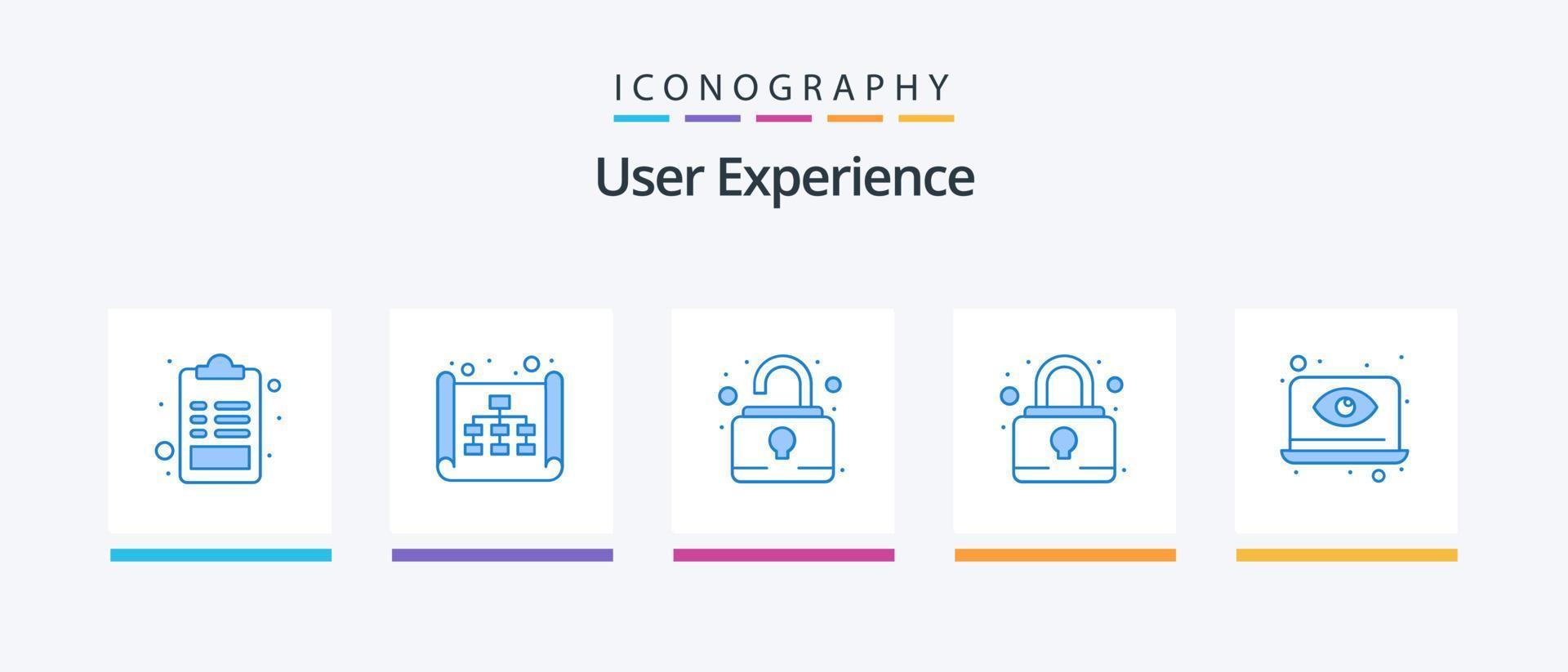 User Experience Blue 5 Icon Pack inklusive Laptop. sperren. Buchseite. Sicherheit. Sicherheit. kreatives Symboldesign vektor