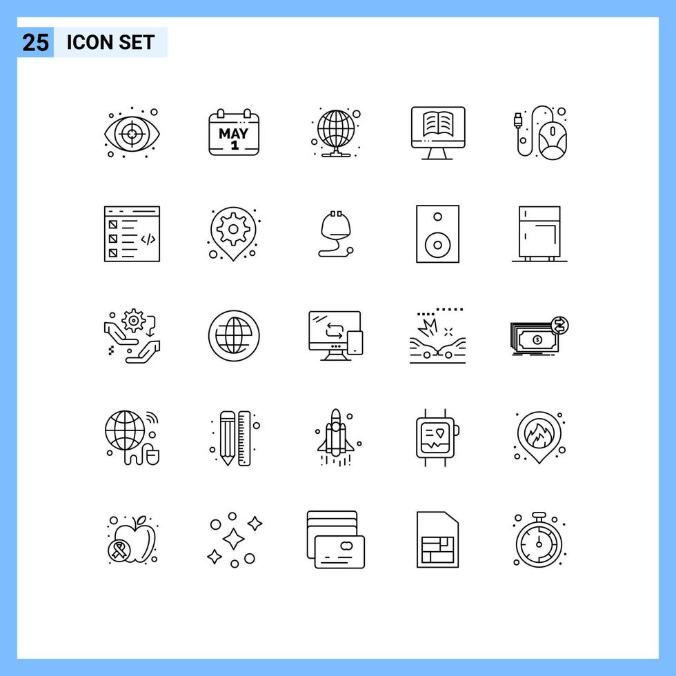 Stock Vector Icon Pack mit 25 Zeilenzeichen und Symbolen für Mauscomputer, die Ontechnology-Computer-editierbare Vektordesign-Elemente hosten