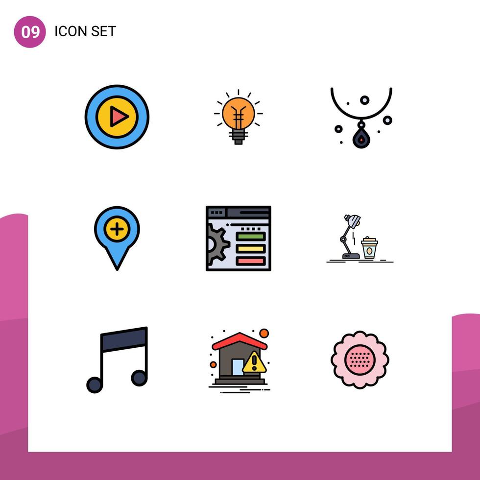 Universelle Symbolsymbole Gruppe von 9 modernen Filledline-Flachfarben plus Navigationslicht-Kartenhalskette editierbare Vektordesign-Elemente vektor