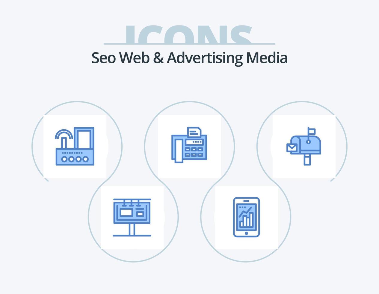 seo web und werbemedien blue icon pack 5 icon design. Schreibmaschine. Fax. Handy, Mobiltelefon. Radio. Signal vektor