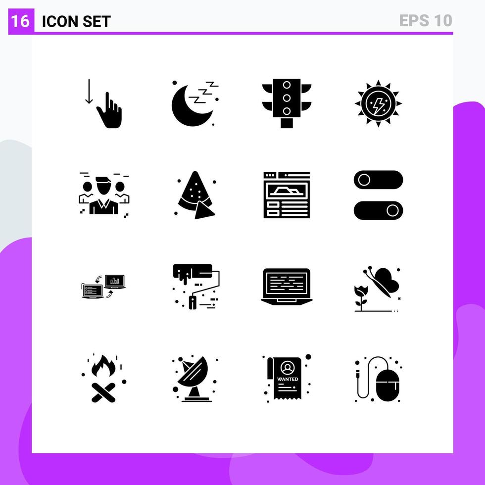 Packung mit 16 modernen soliden Glyphen Zeichen und Symbolen für Web-Printmedien wie Gruppengeschäft Licht Sonne Ökologie editierbare Vektordesign-Elemente vektor