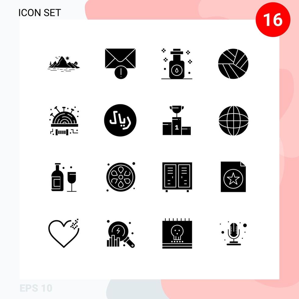piktogram uppsättning av 16 enkel fast glyfer av sy blygsam aromaterapi volley boll redigerbar vektor design element