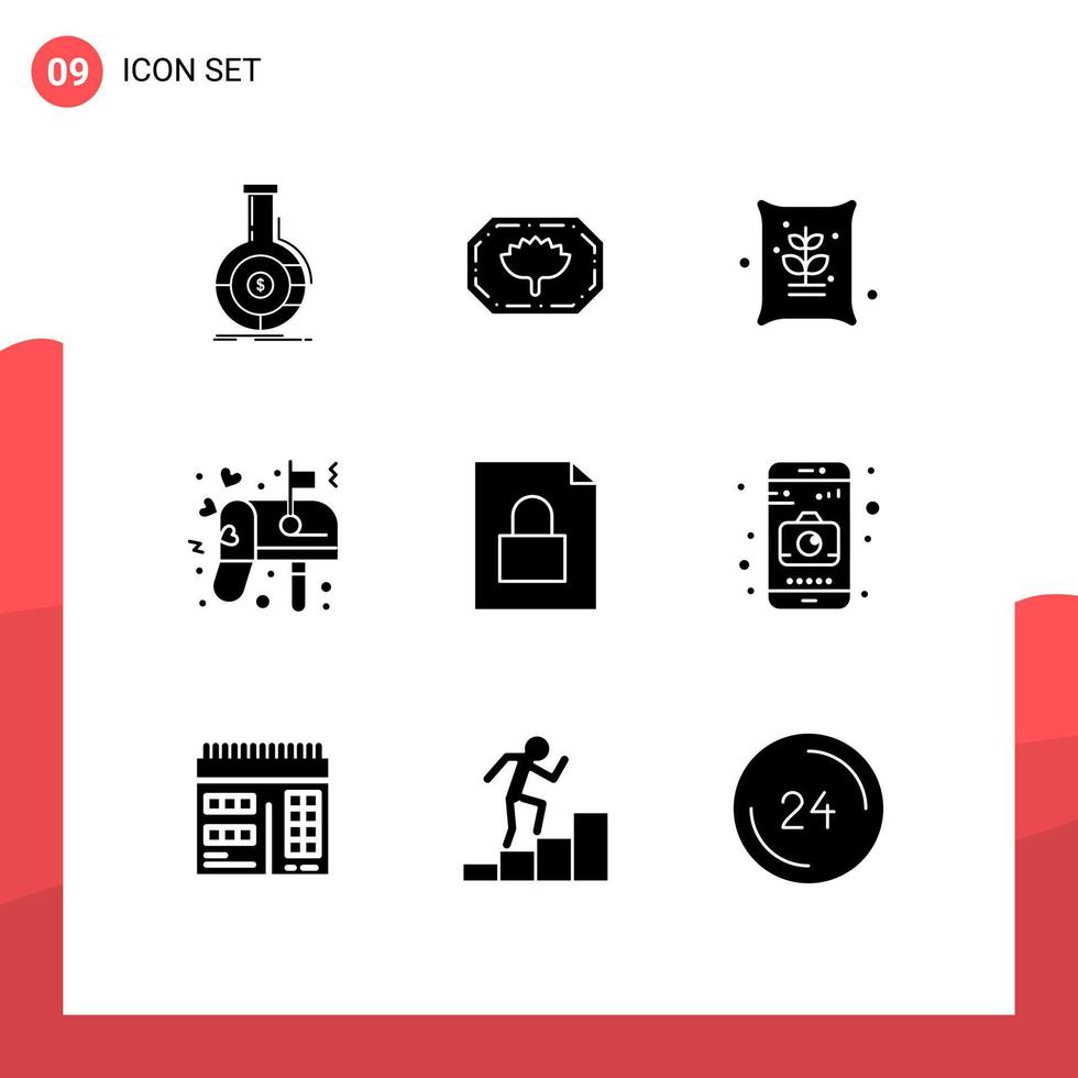 Packung mit 9 kreativen soliden Glyphen von Datei-Mail-Landwirtschafts-Liebesbox editierbaren Vektordesign-Elementen vektor